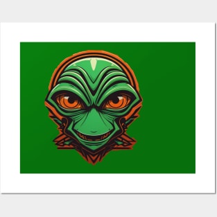 Green Alien Orange Eyes Neon Retro Halloween Posters and Art